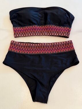 Black Bandeau Two-Piece Bikini with Multicolor Zigzag Trim